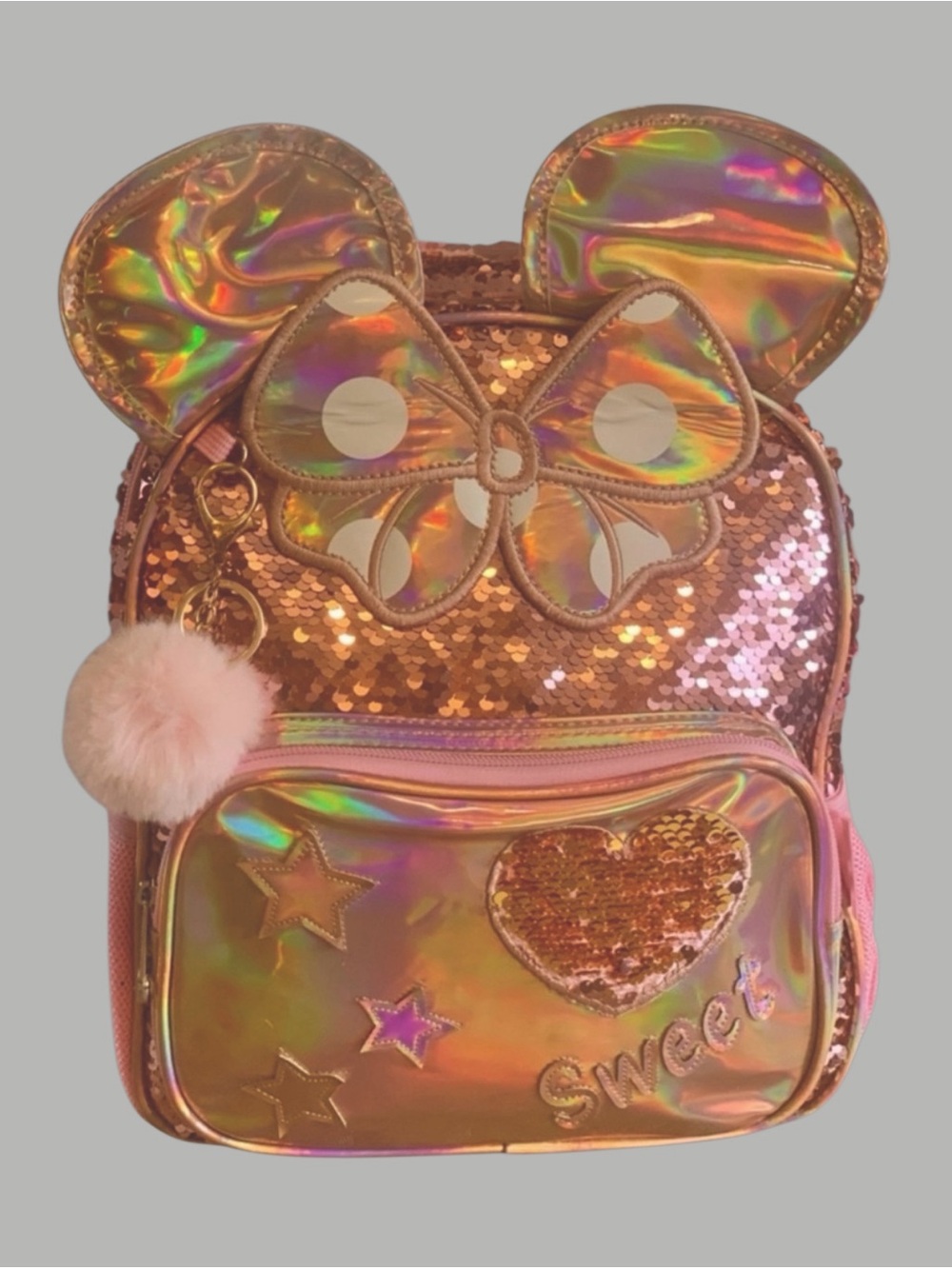 Jasmine Iridescent Pink Sequin Bow Kids Backpack